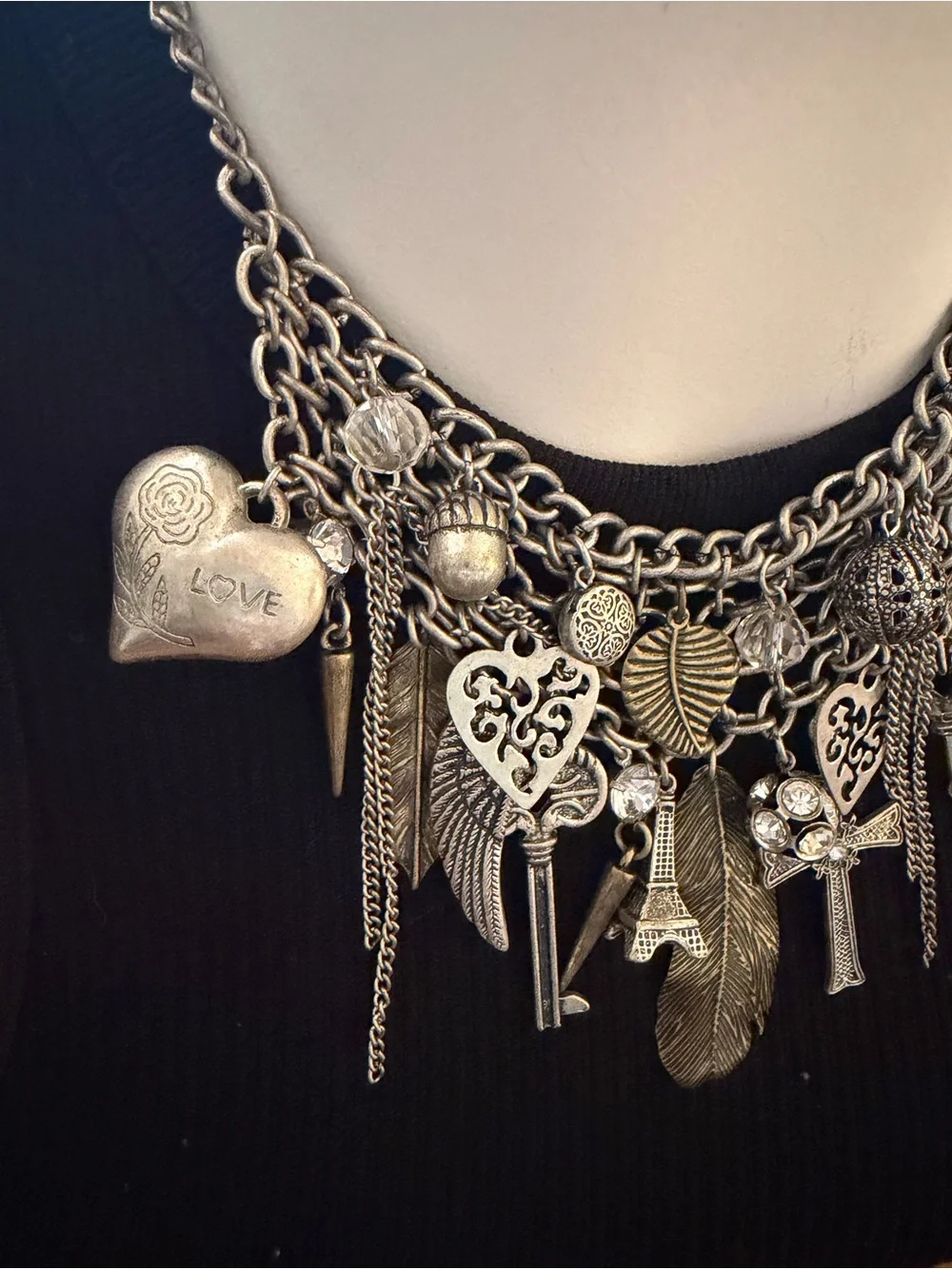 VTG Y2K Mixed Metal Chunky Charm Statement Necklace Boho Gothic Bib